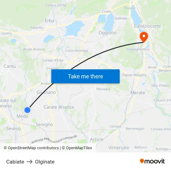 Cabiate to Olginate map