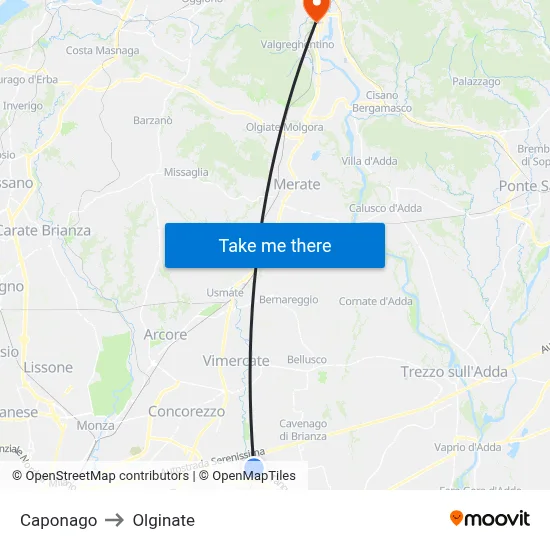 Caponago to Olginate map