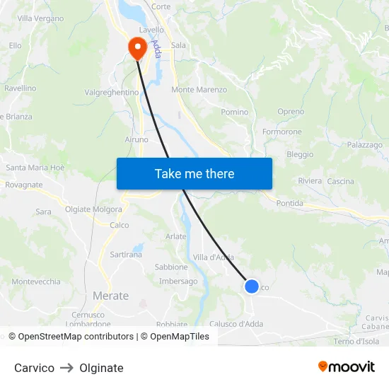Carvico to Olginate map