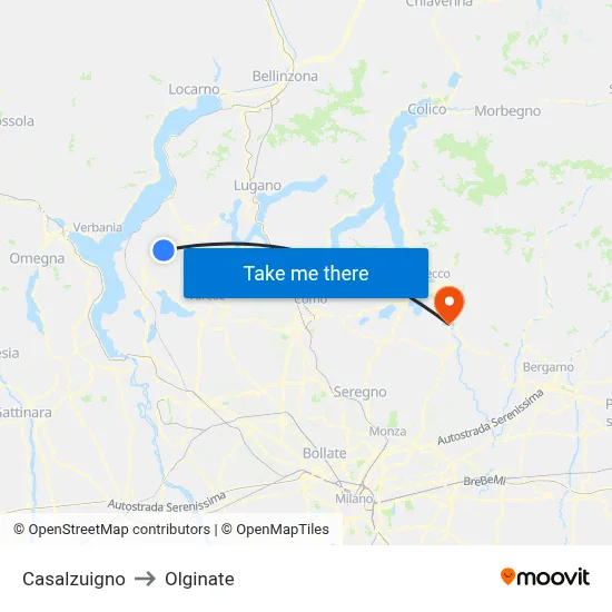 Casalzuigno to Olginate map
