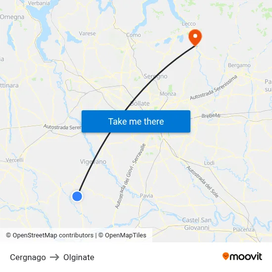 Cergnago to Olginate map