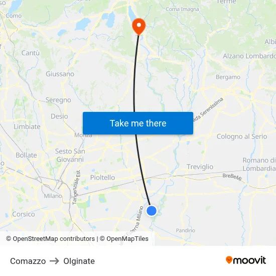 Comazzo to Olginate map