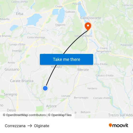 Correzzana to Olginate map