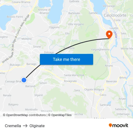 Cremella to Olginate map