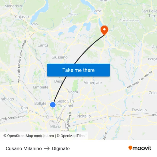 Cusano Milanino to Olginate map