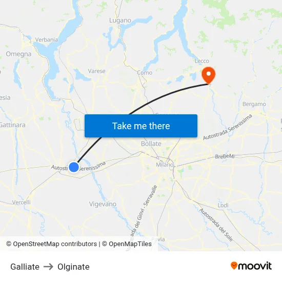 Galliate to Olginate map