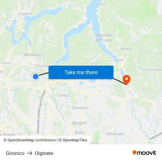 Gironico to Olginate map
