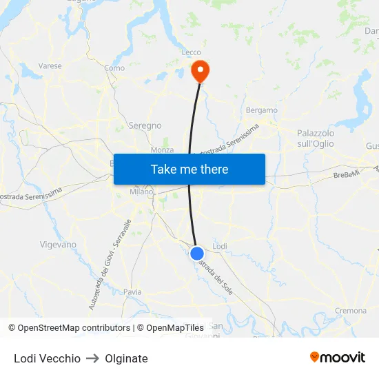 Lodi Vecchio to Olginate map