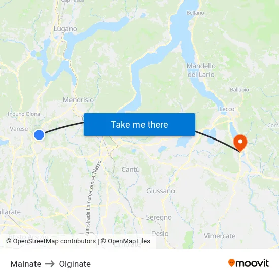 Malnate to Olginate map