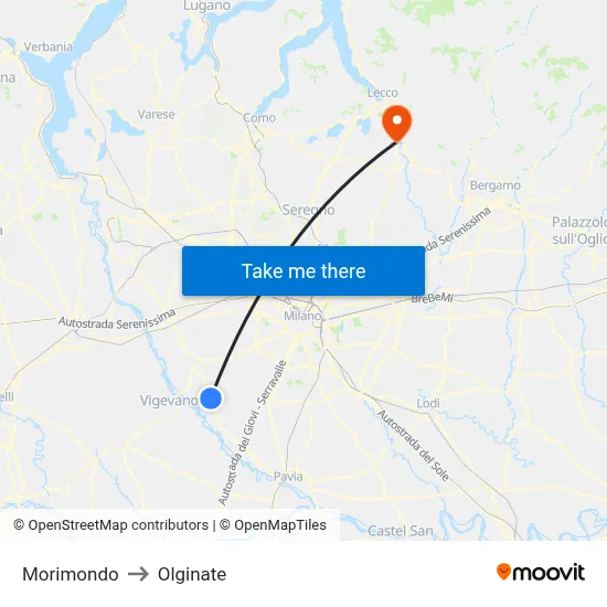Morimondo to Olginate map