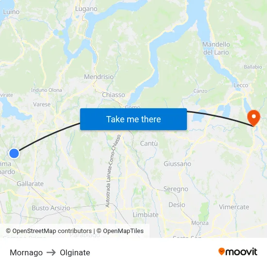 Mornago to Olginate map
