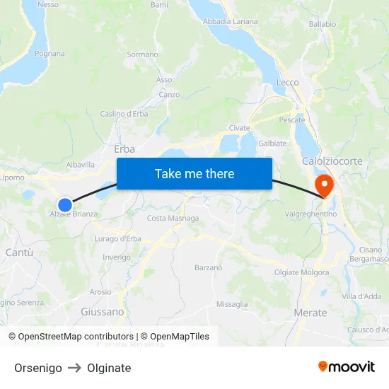 Orsenigo to Olginate map