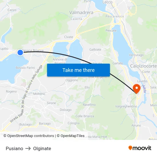 Pusiano to Olginate map