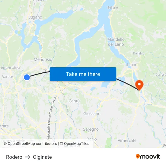 Rodero to Olginate map