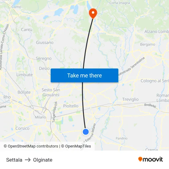 Settala to Olginate map