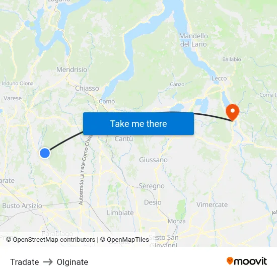 Tradate to Olginate map