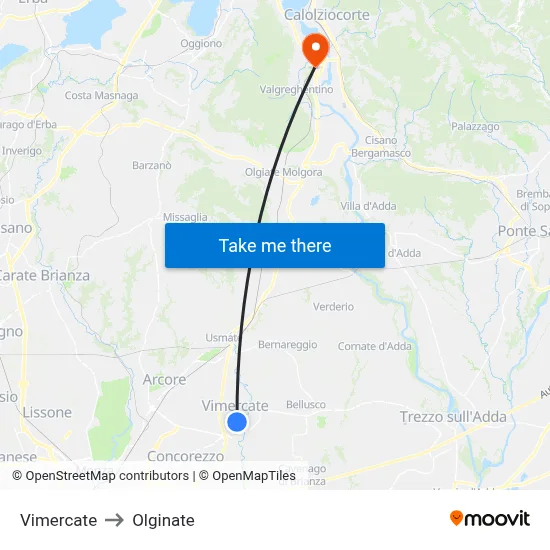 Vimercate to Olginate map