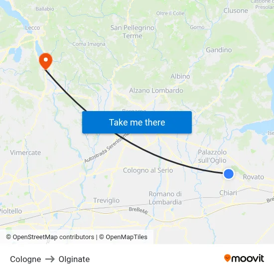 Cologne to Olginate map