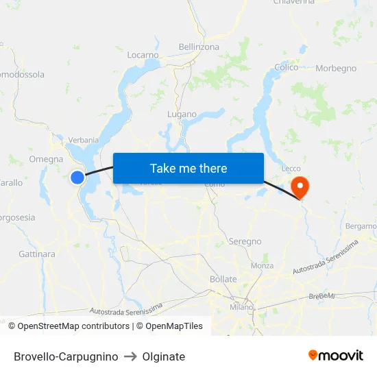 Brovello-Carpugnino to Olginate map