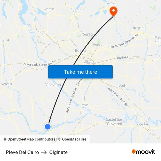Pieve Del Cairo to Olginate map