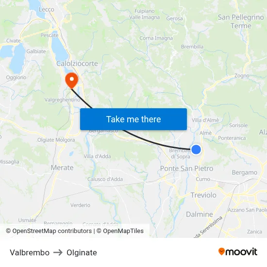 Valbrembo to Olginate map