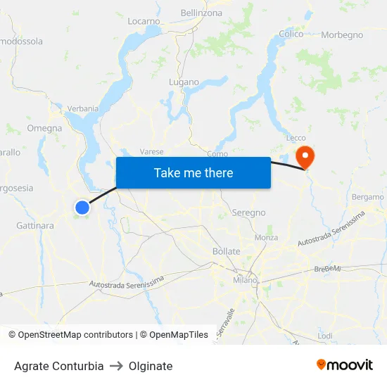 Agrate Conturbia to Olginate map