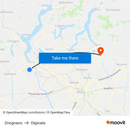 Divignano to Olginate map