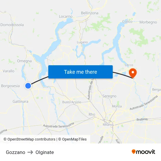 Gozzano to Olginate map