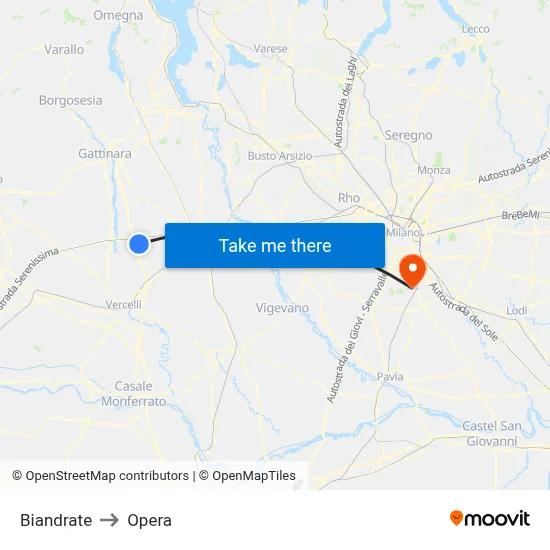 Biandrate to Opera map