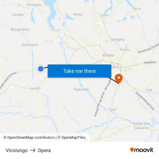 Vicolungo to Opera map