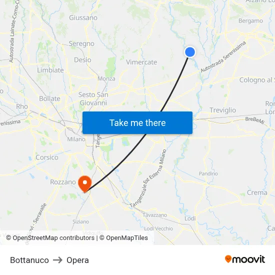 Bottanuco to Opera map
