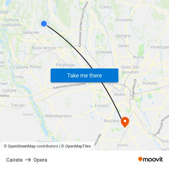 Cairate to Opera map