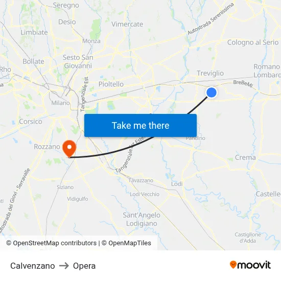 Calvenzano to Opera map