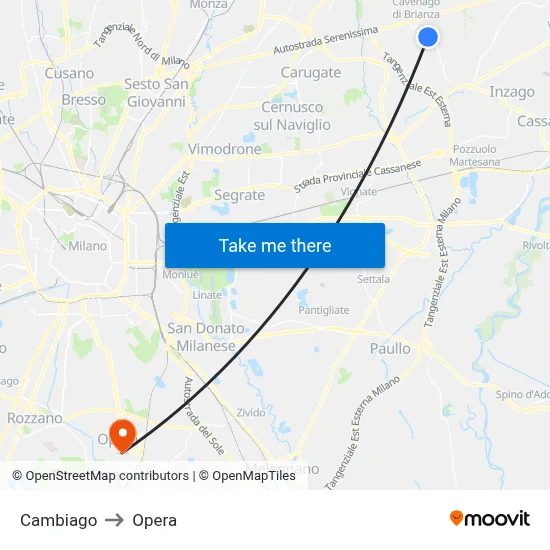 Cambiago to Opera map
