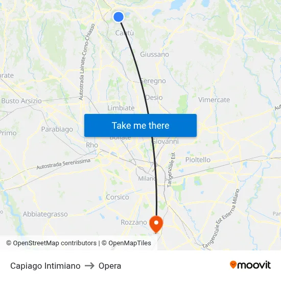 Capiago Intimiano to Opera map