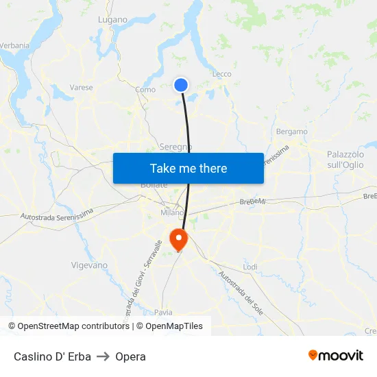 Caslino d'Erba to Opera map