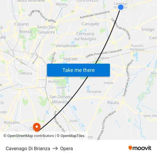 Cavenago Di Brianza to Opera map