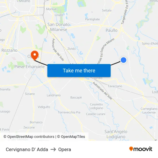 Cervignano D' Adda to Opera map