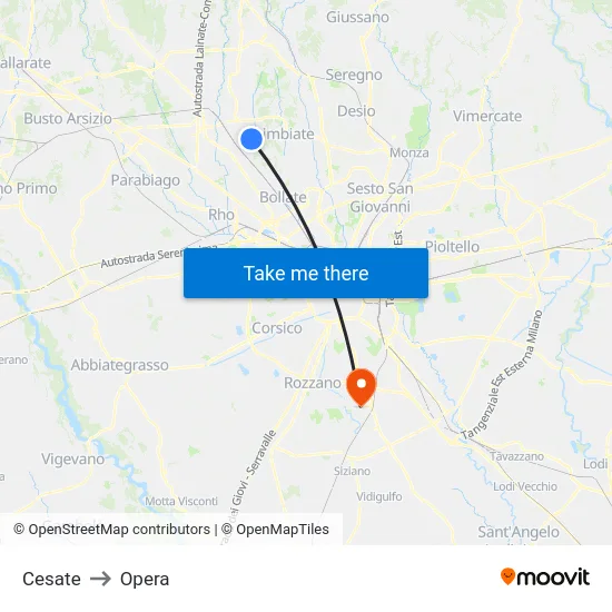 Cesate to Opera map