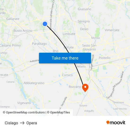 Cislago to Opera map