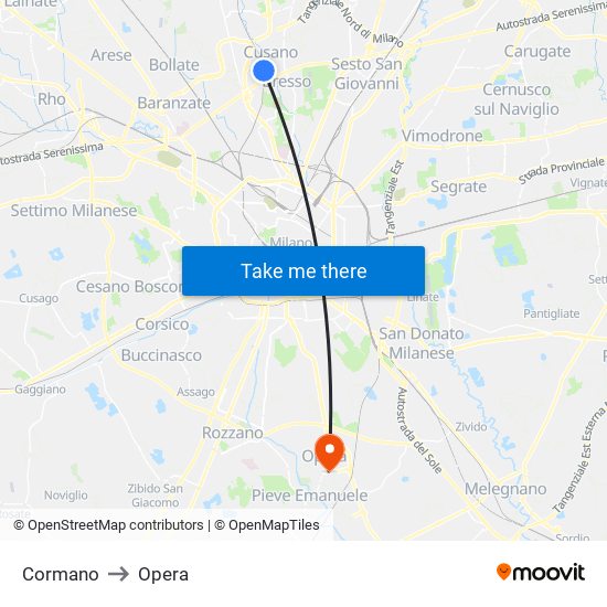 Cormano to Opera map