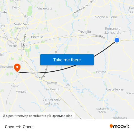 Covo to Opera map