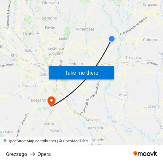 Grezzago to Opera map