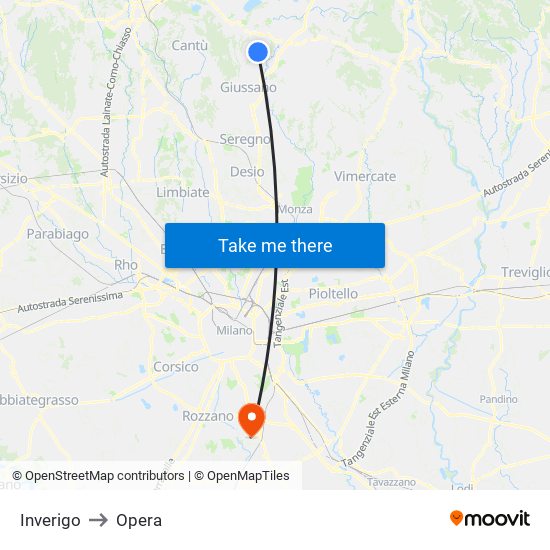 Inverigo to Opera map