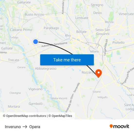Inveruno to Opera map