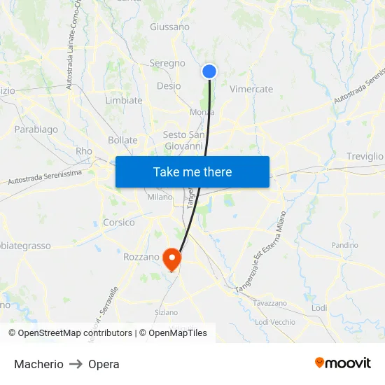 Macherio to Opera map