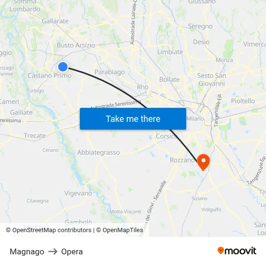 Magnago to Opera map