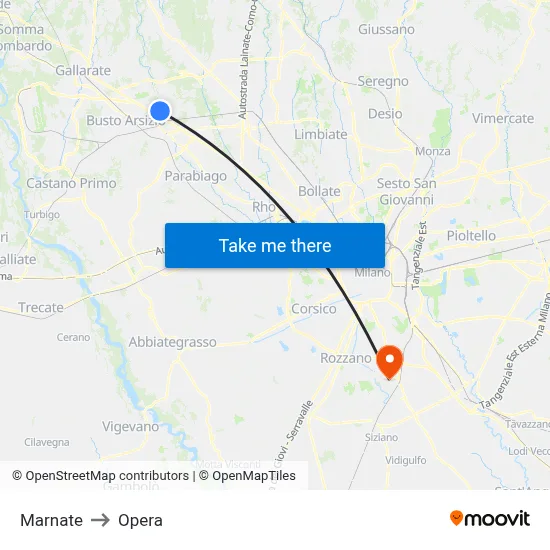 Marnate to Opera map
