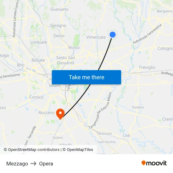 Mezzago to Opera map