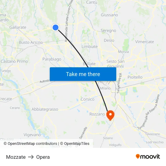 Mozzate to Opera map